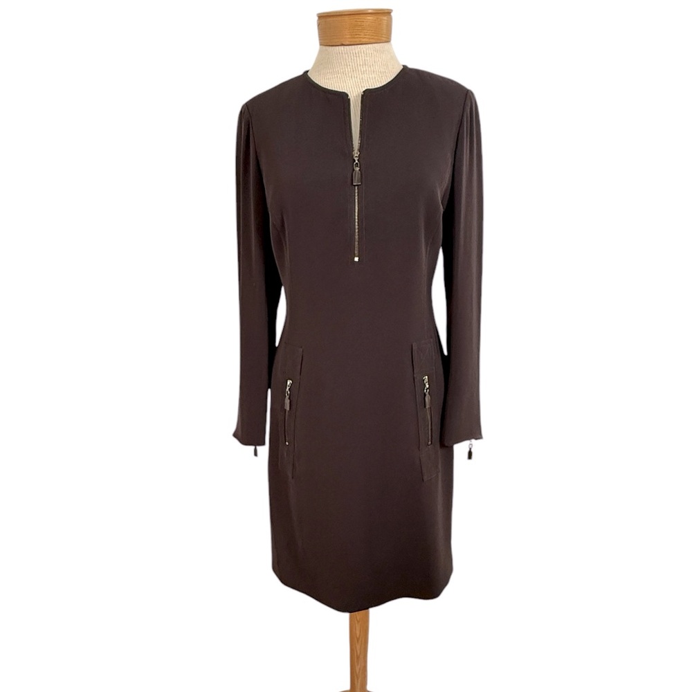 Worth 8 Petite Dark Brown Half Zip Dress Corporate Chic Modern Minimalism Edgy